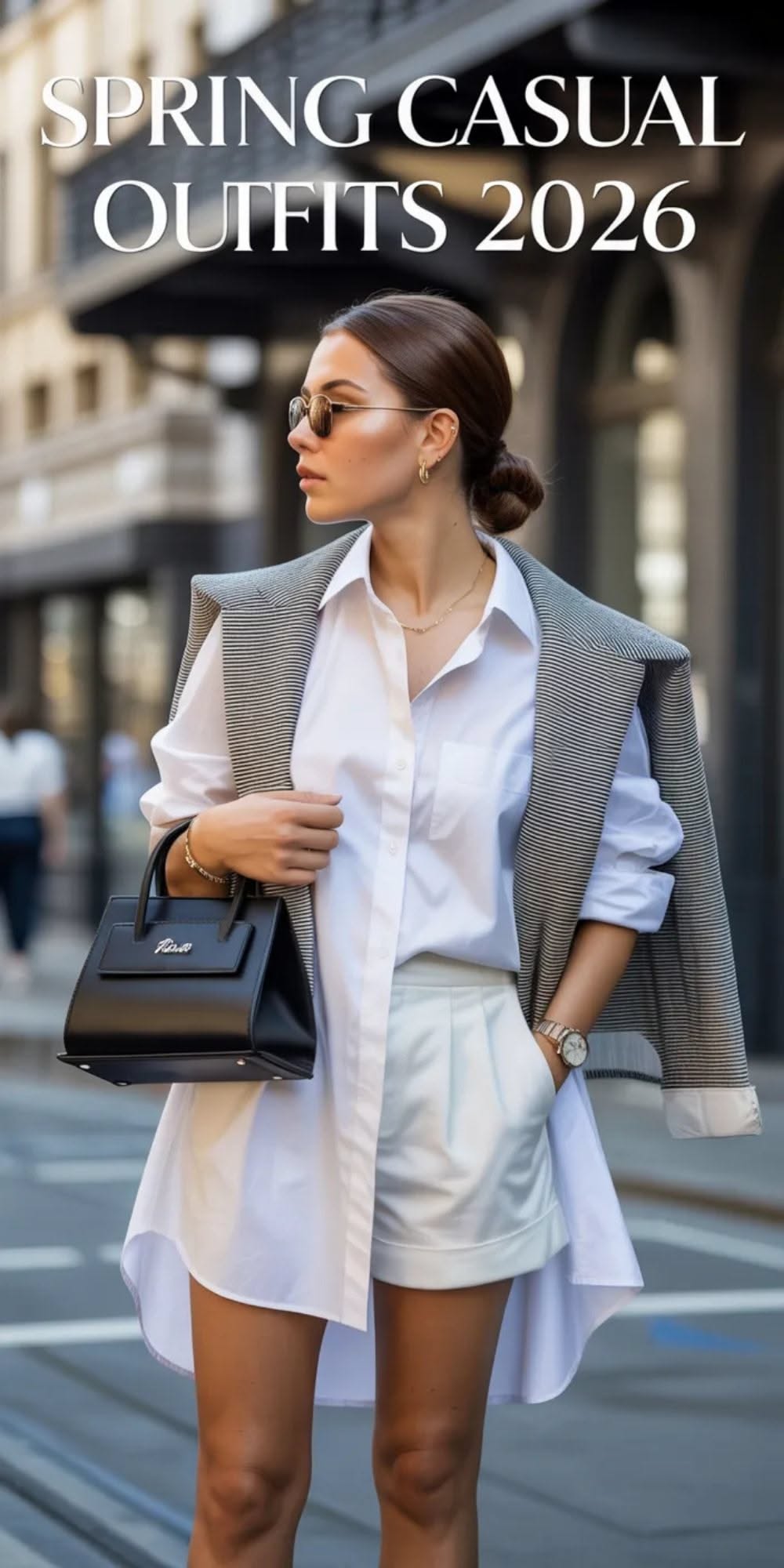 White shirt and tailored shorts styled with a striped blazer, black handbag and sunglasses.