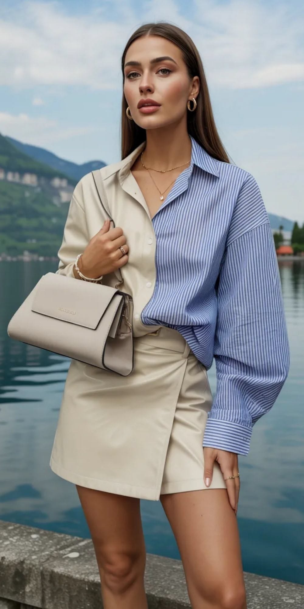 Woman wearing a loose two-tone cream and blue-striped shirt with a beige wrap-front mini skirt and structured neutral handbag.