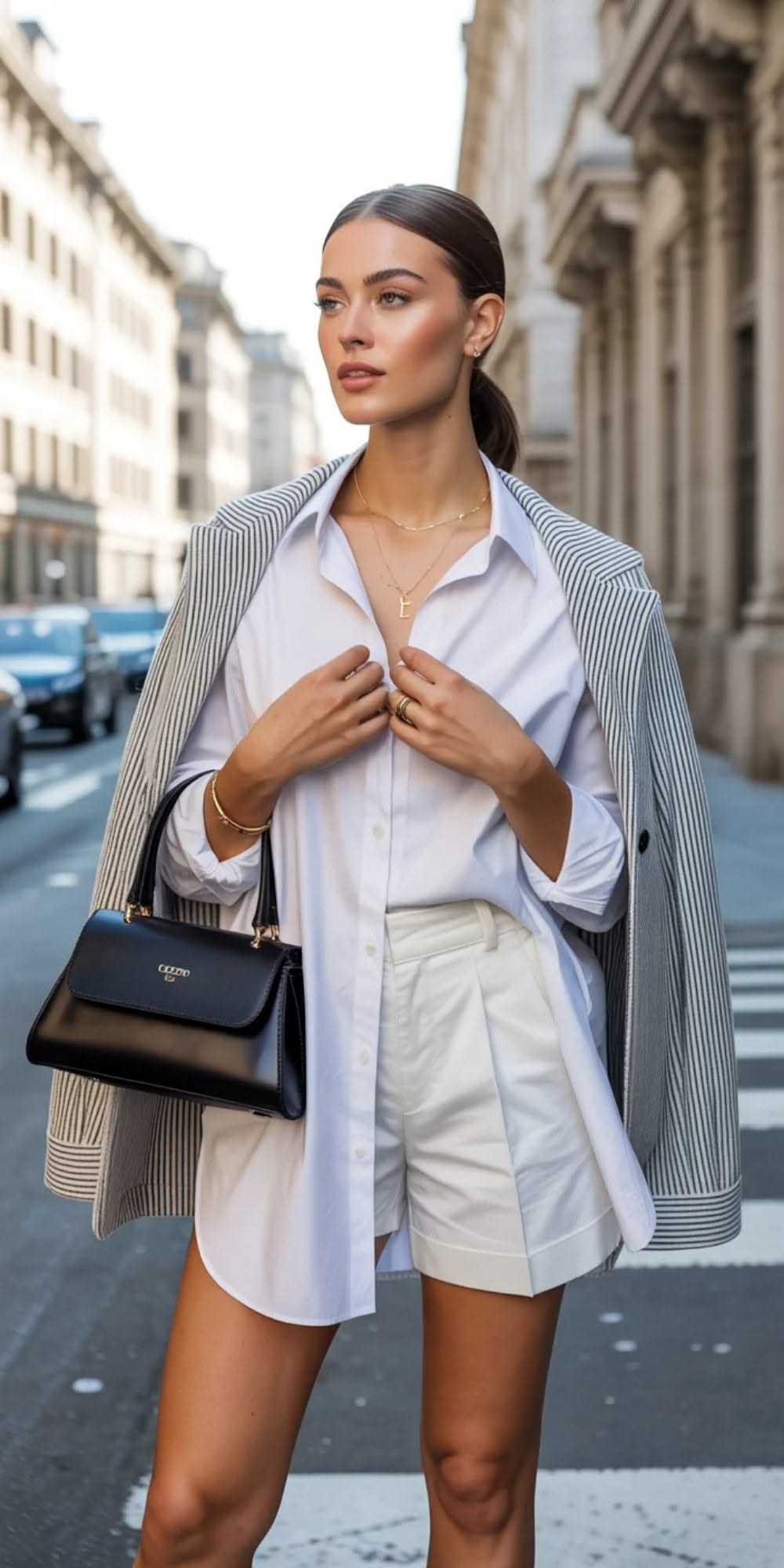 Woman in a white button-down shirt and tailored white shorts, with a striped blazer over her shoulders and a black handbag.