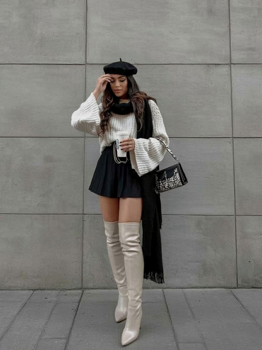 Stylish beret, oversized sweater, mini skirt, knee-high boots