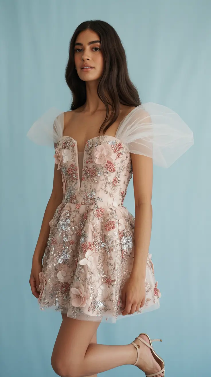 Fairy-tale floral dress with tulle sleeves