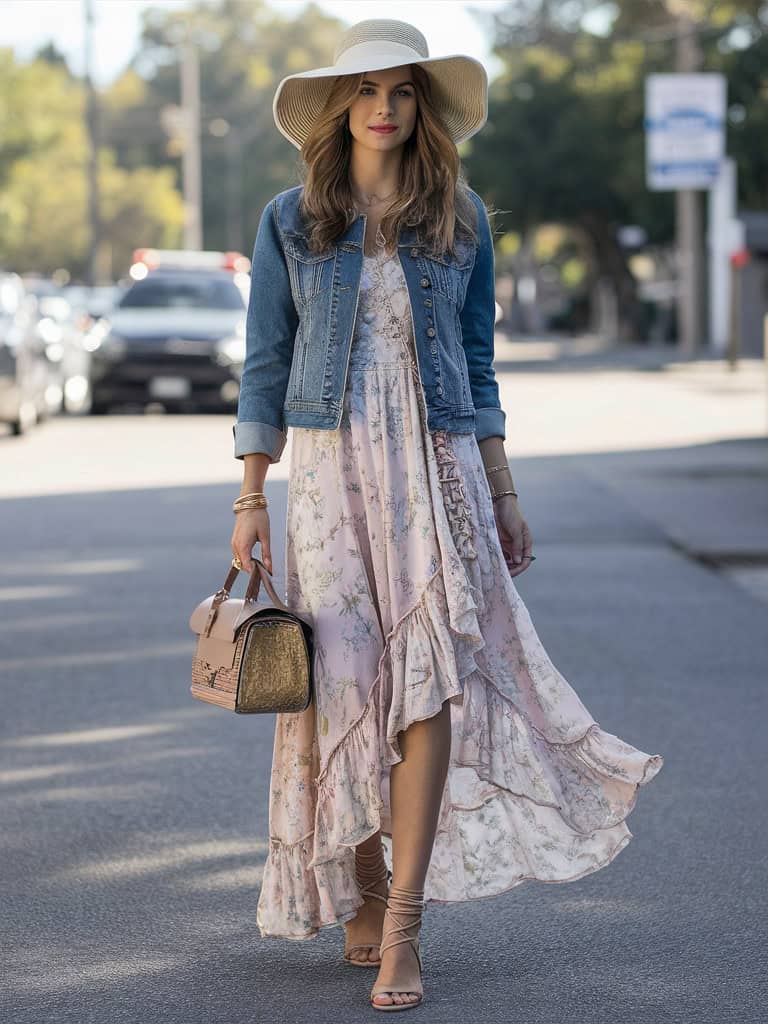 Floral dress with denim jacket and sun hat