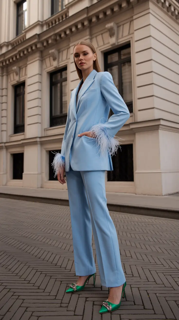 Light blue suit with feather cuffs and green heels