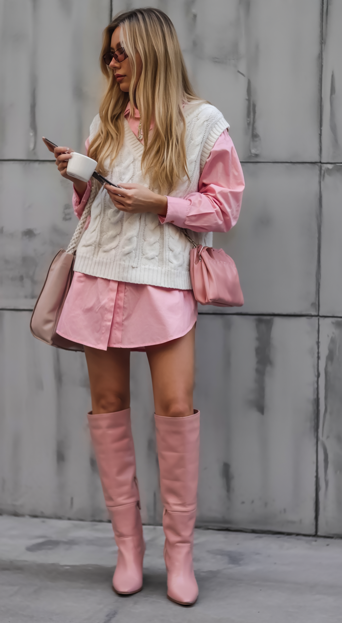 Pink shirt dress with sweater vest and boots