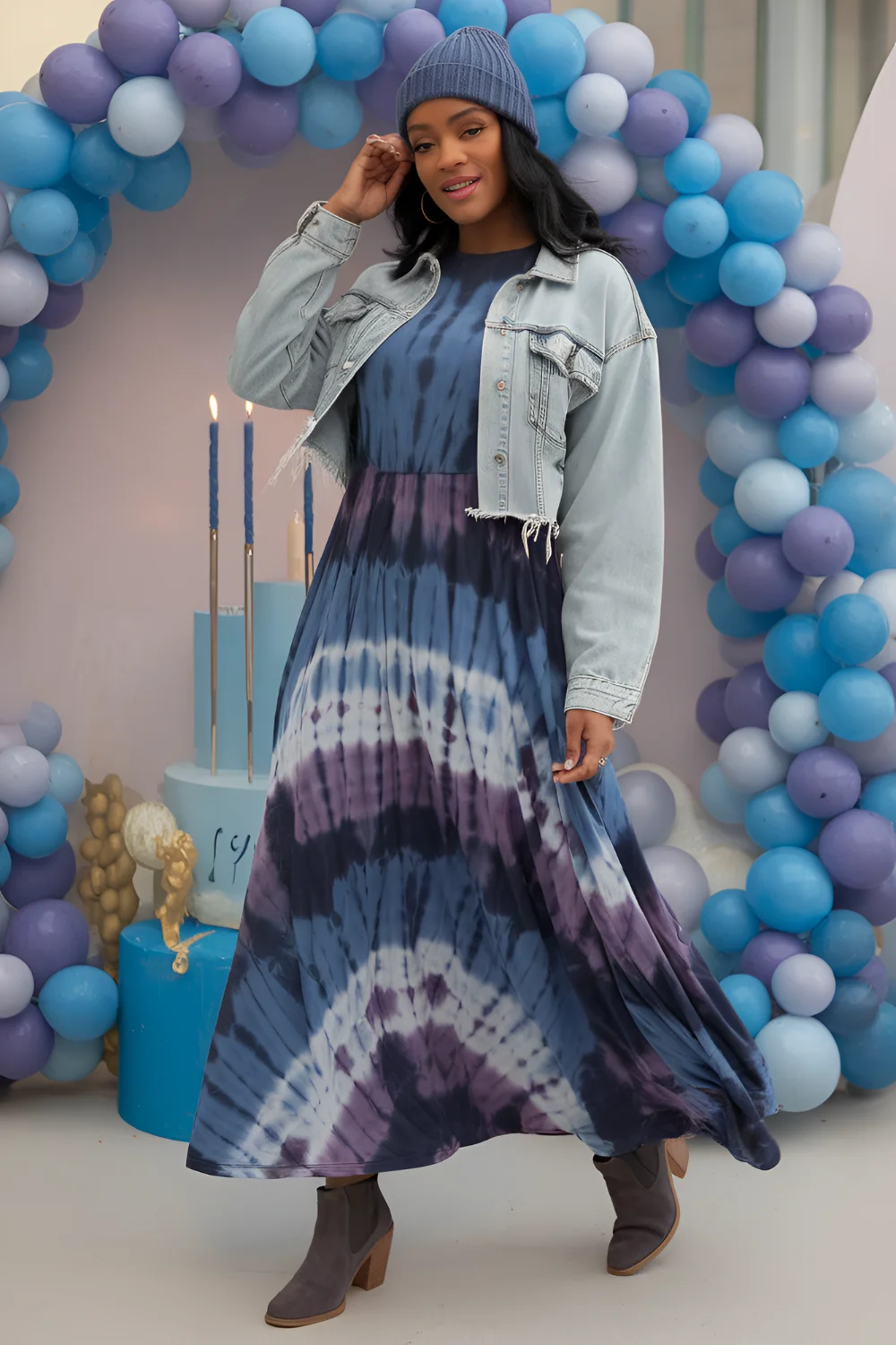 Tie-dye maxi dress with denim jacket