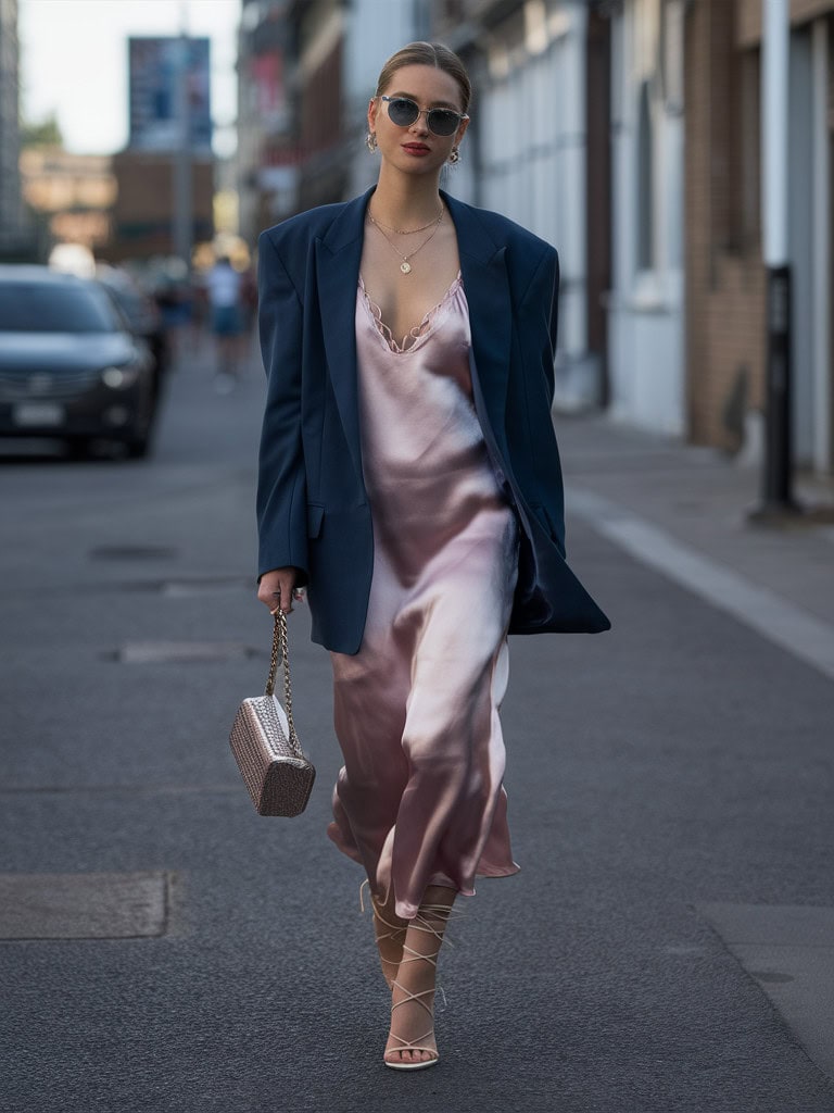 Satin slip dress with oversized blazer