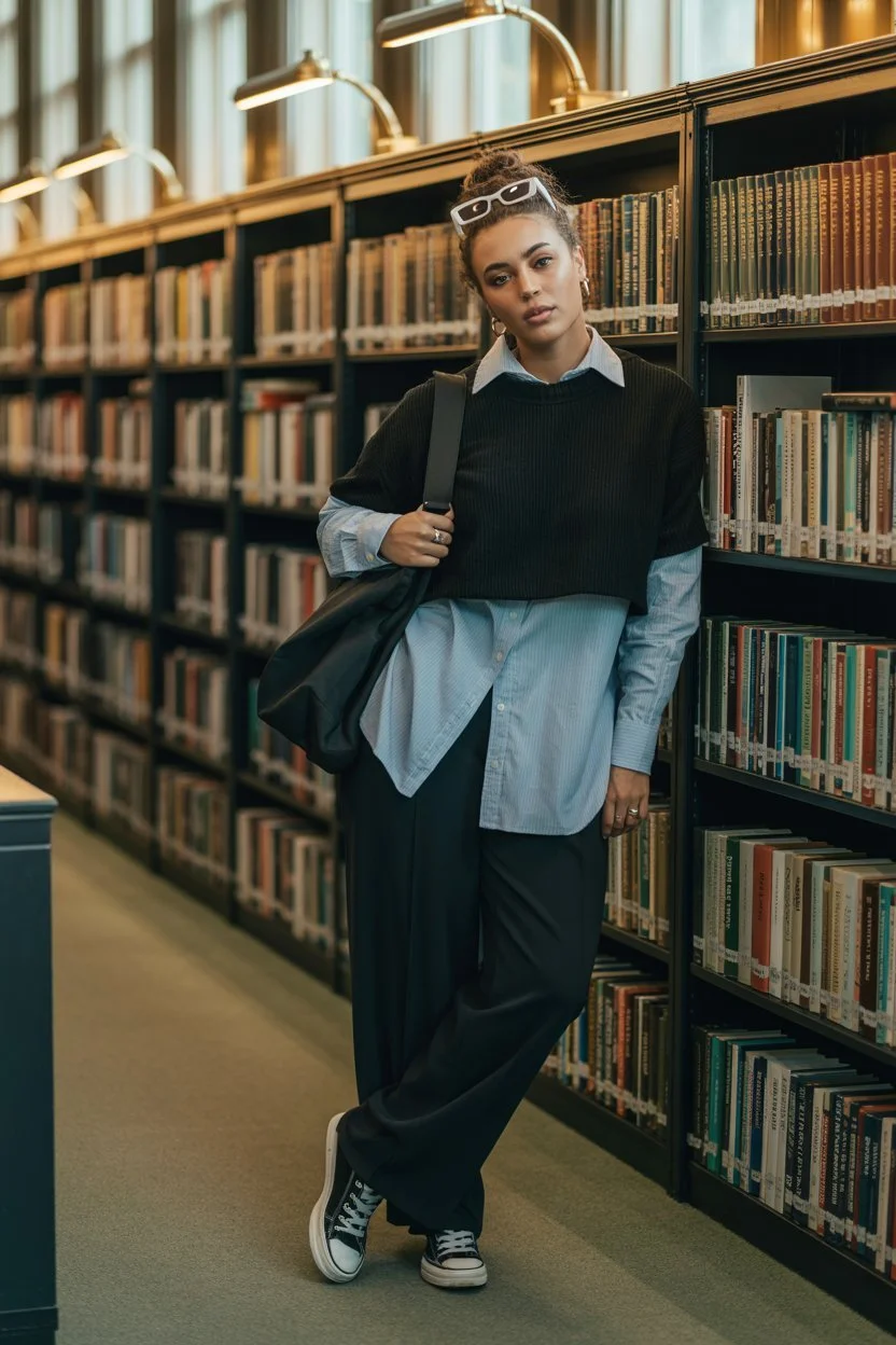 Layered outfit with sweater and wide-leg pants