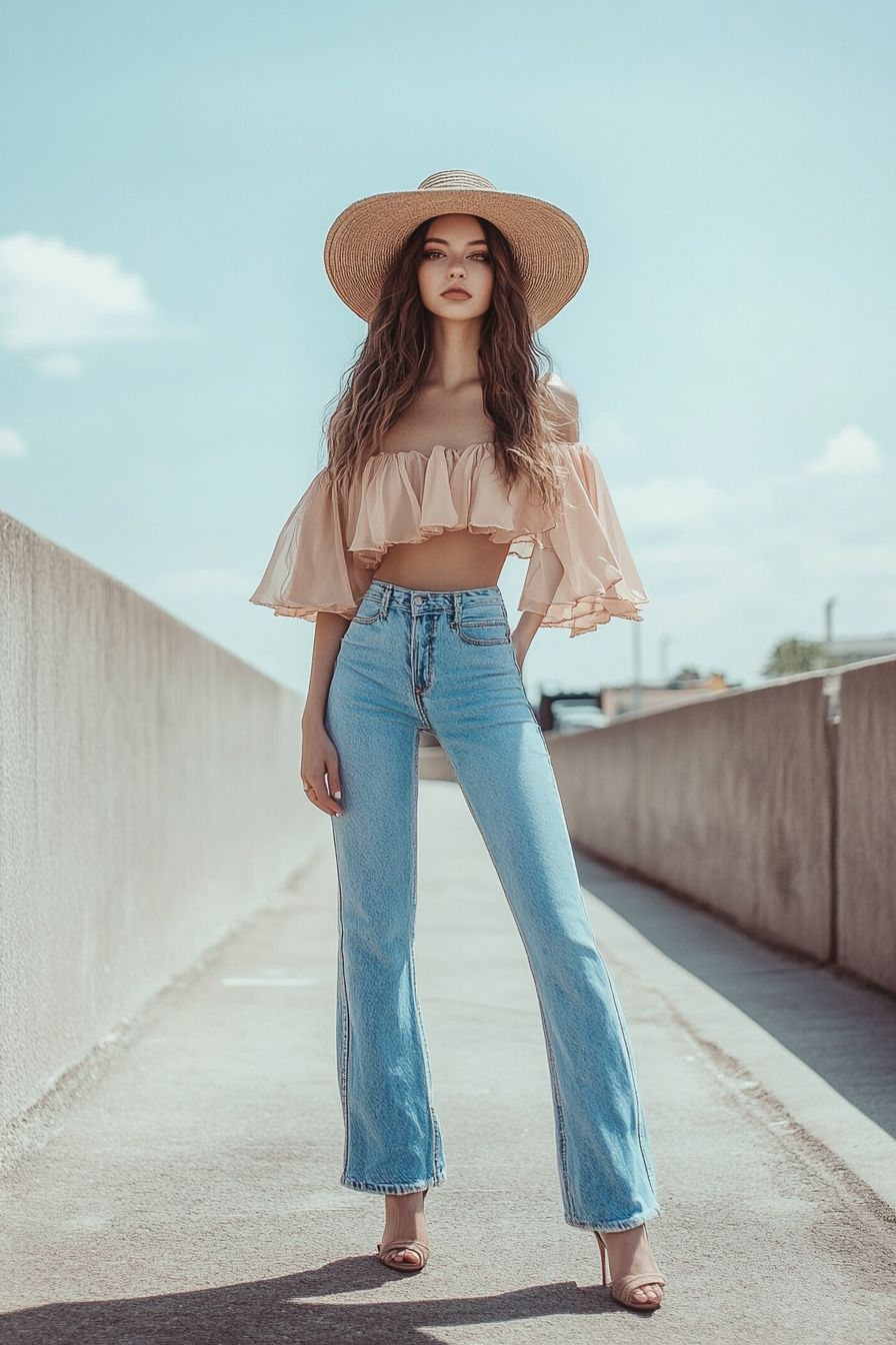 Off-shoulder top with flared jeans