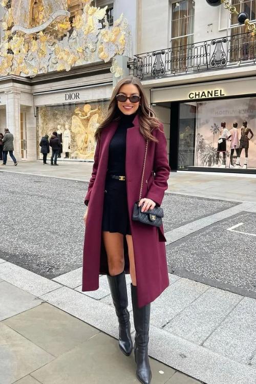 Burgundy coat with black dress and boots