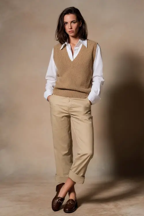 Sweater vest over shirt with chinos