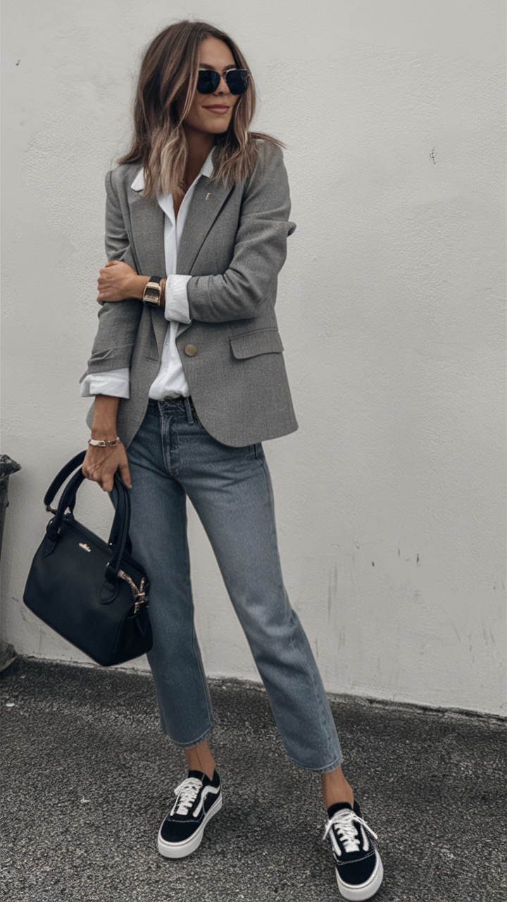 Gray blazer with white shirt and jeans