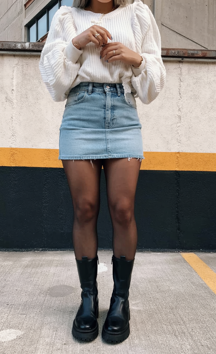 White sweater with denim mini and boots