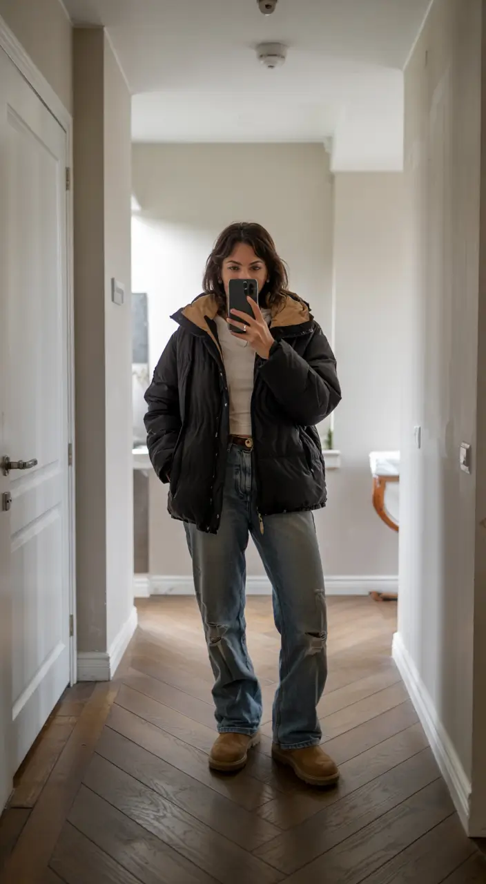 Puffer jacket with jeans and boots