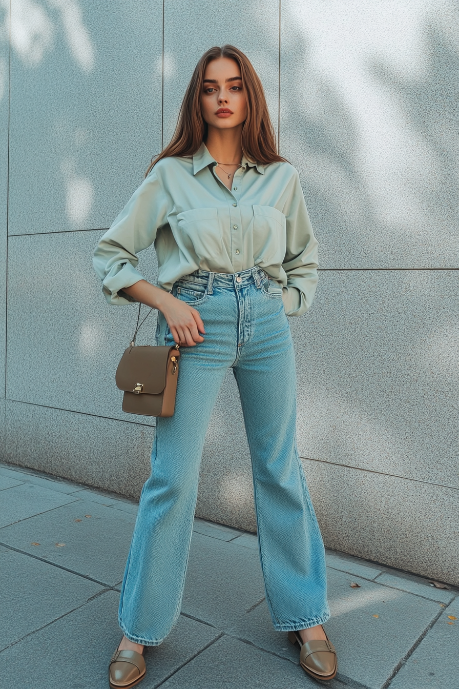 Pastel blouse with high-waisted jeans