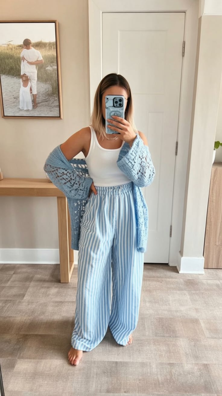 Casual spring outfit with stripes and crochet cardigan