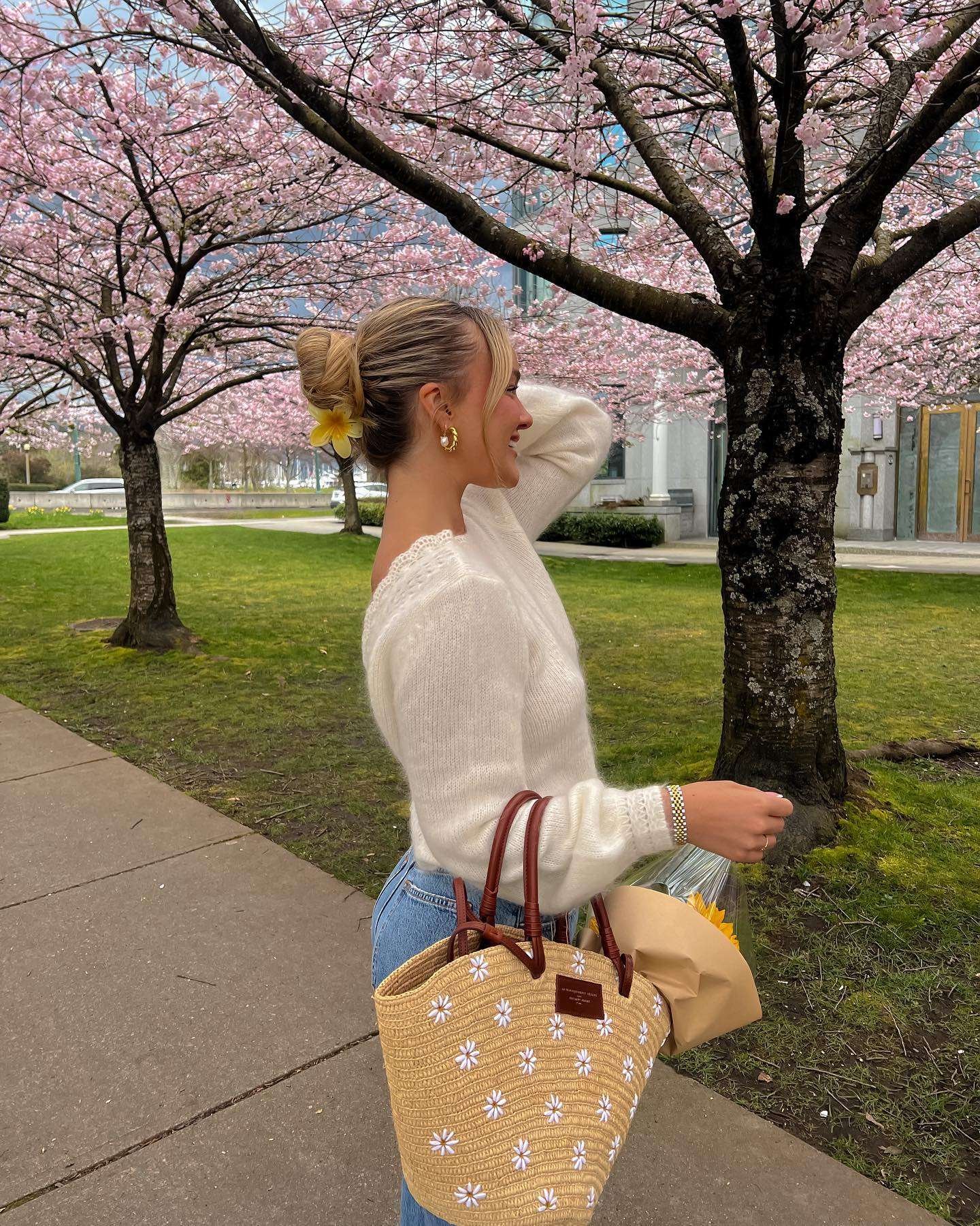 Spring outfit with cream sweater and denim
