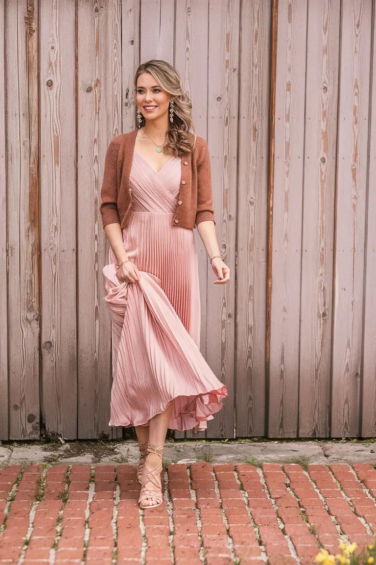 Pleated pink dress with cardigan