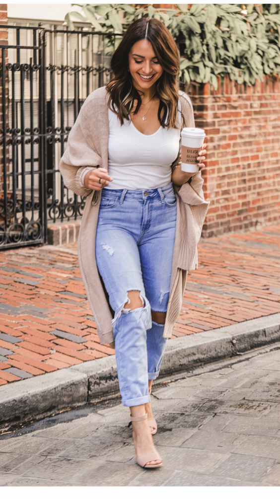 White tank with denim and cardigan