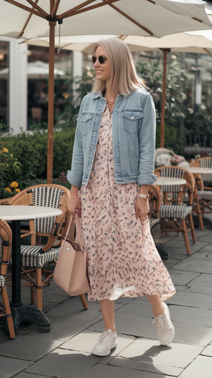 Spring outfit with denim jacket and floral dress