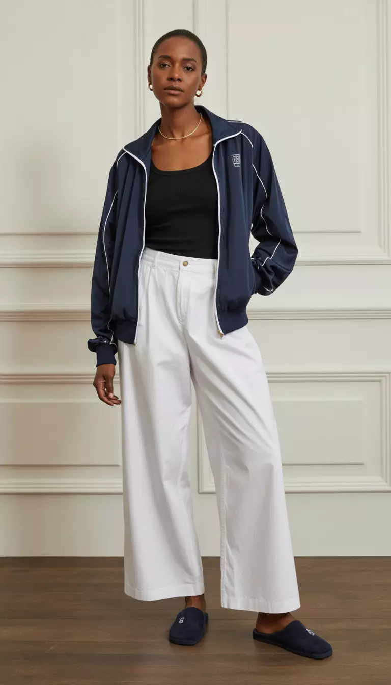 Sporty look with track jacket and white pants