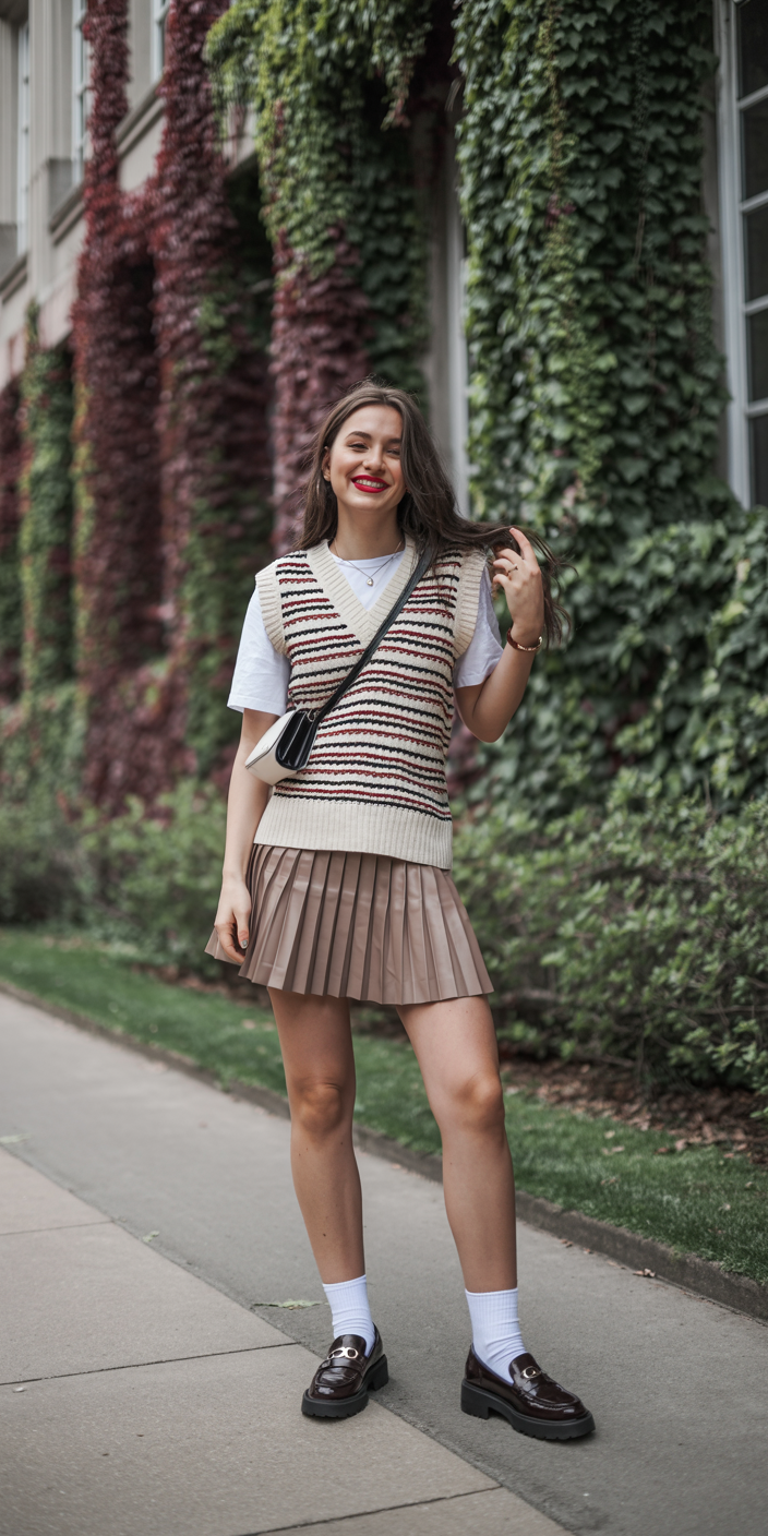 Preppy look with pleated skirt and sweater vest