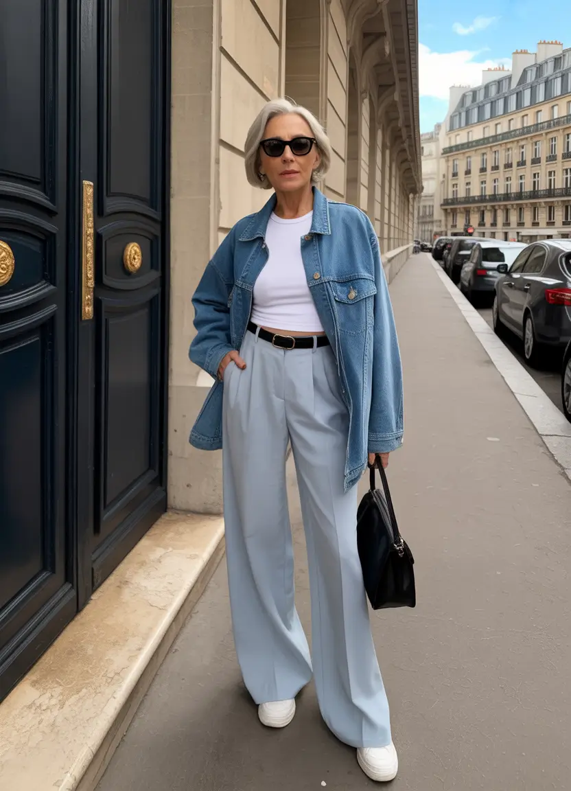 Denim jacket with wide-leg trousers
