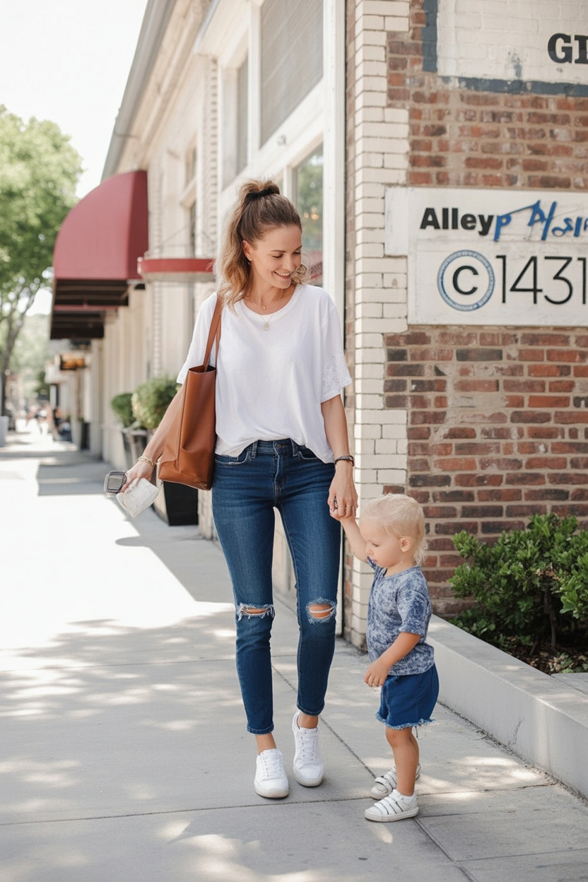 White tee with ripped jeans and sneakers