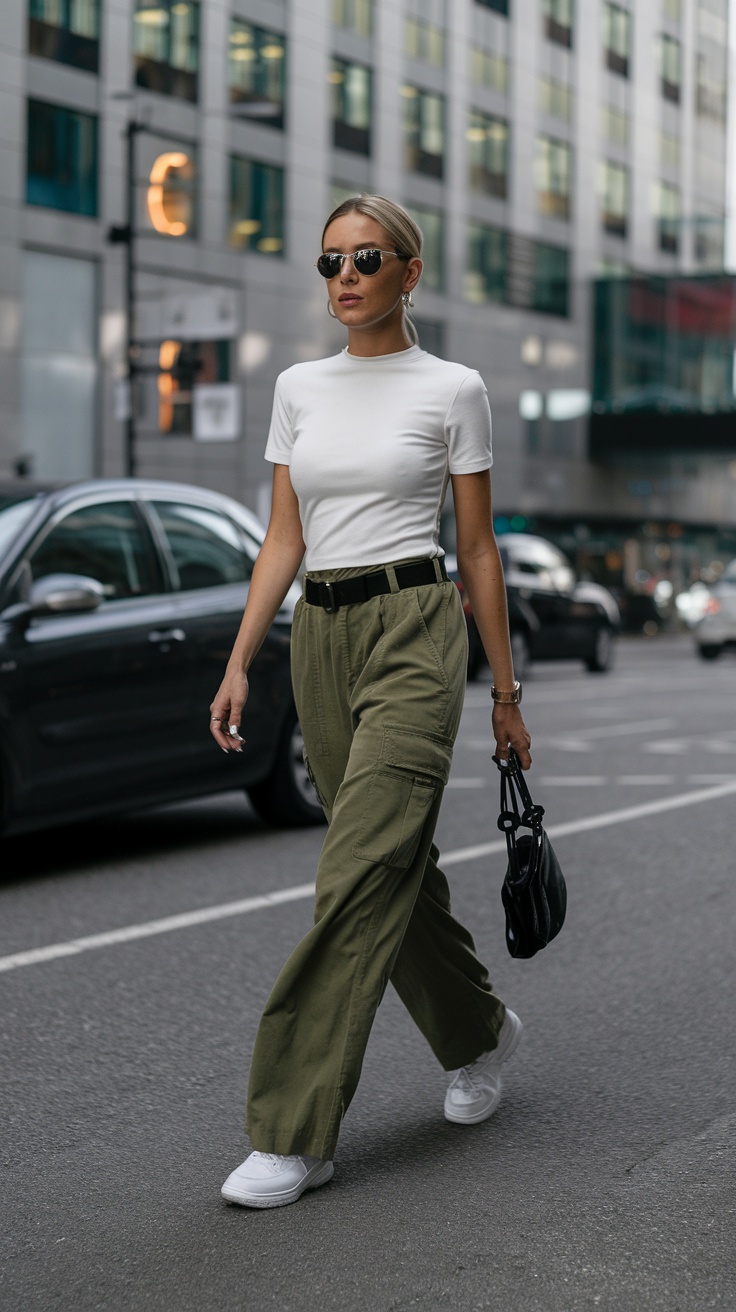 White tee with green utility pants