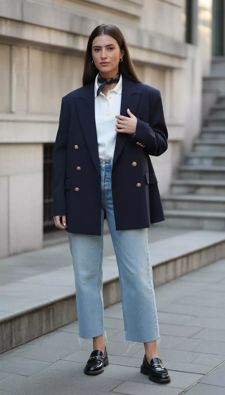 Navy blazer with jeans and loafers