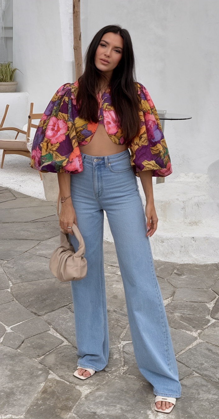 Floral top with wide-leg jeans
