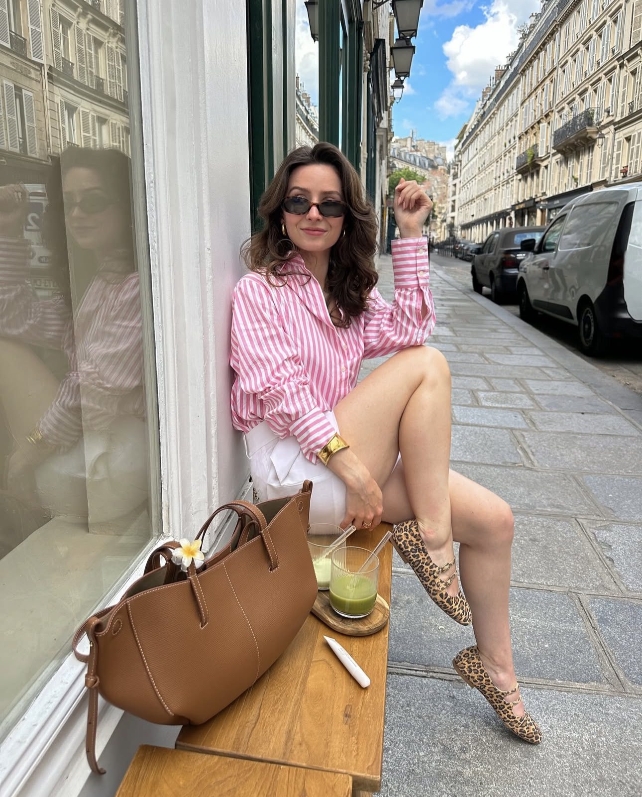 Striped shirt with white shorts and leopard flats