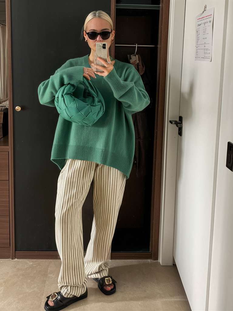 Green sweater with striped pants