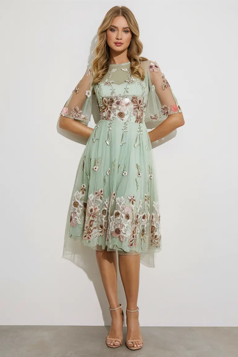 Floral embroidered dress with sheer sleeves