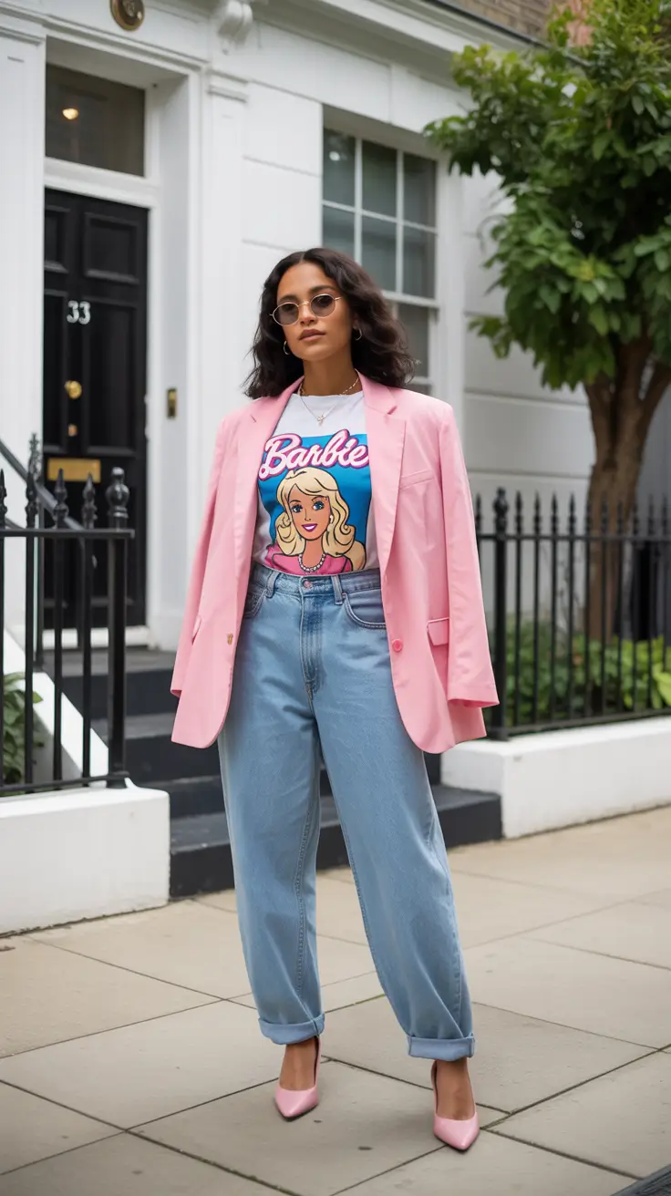 Pink blazer with graphic tee and jeans, playful spring fashion
