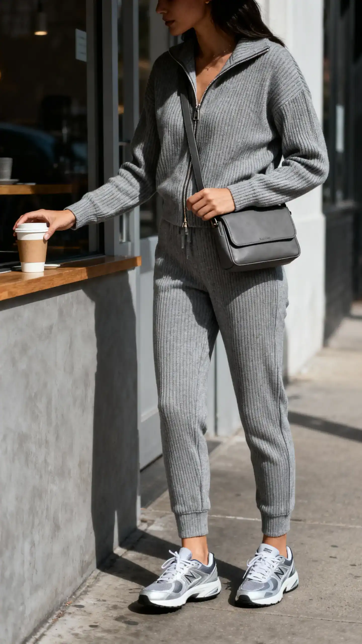 Gray knit set with sneakers, luxurious casual spring style