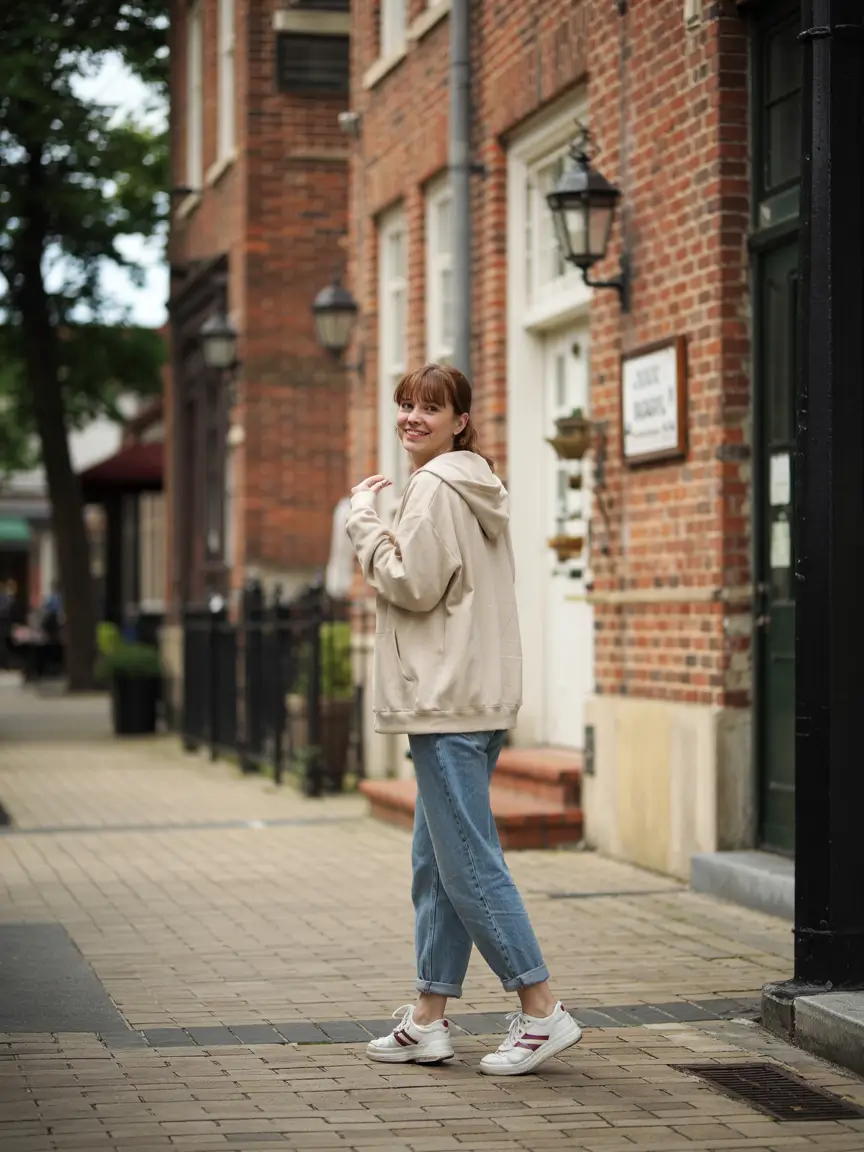 Beige hoodie with jeans, relaxed spring street style