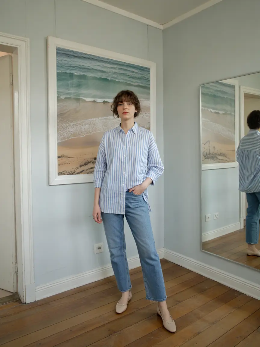 Striped shirt with jeans, classic spring style