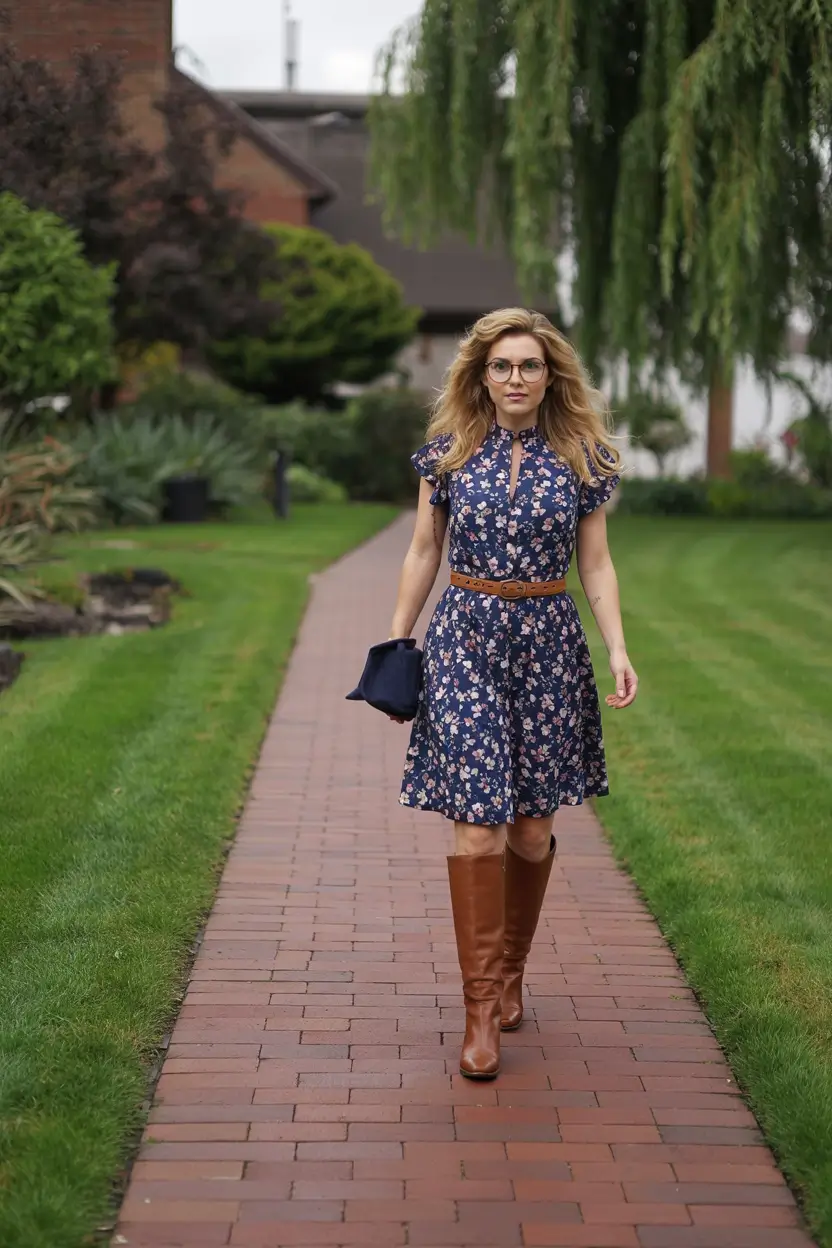 Floral dress with brown boots, vintage spring style