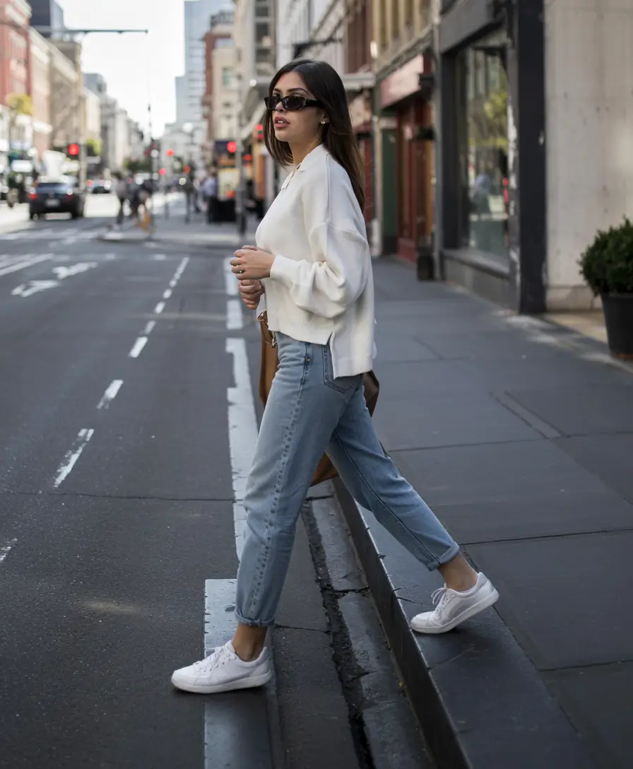 White sweater with denim, urban spring casual
