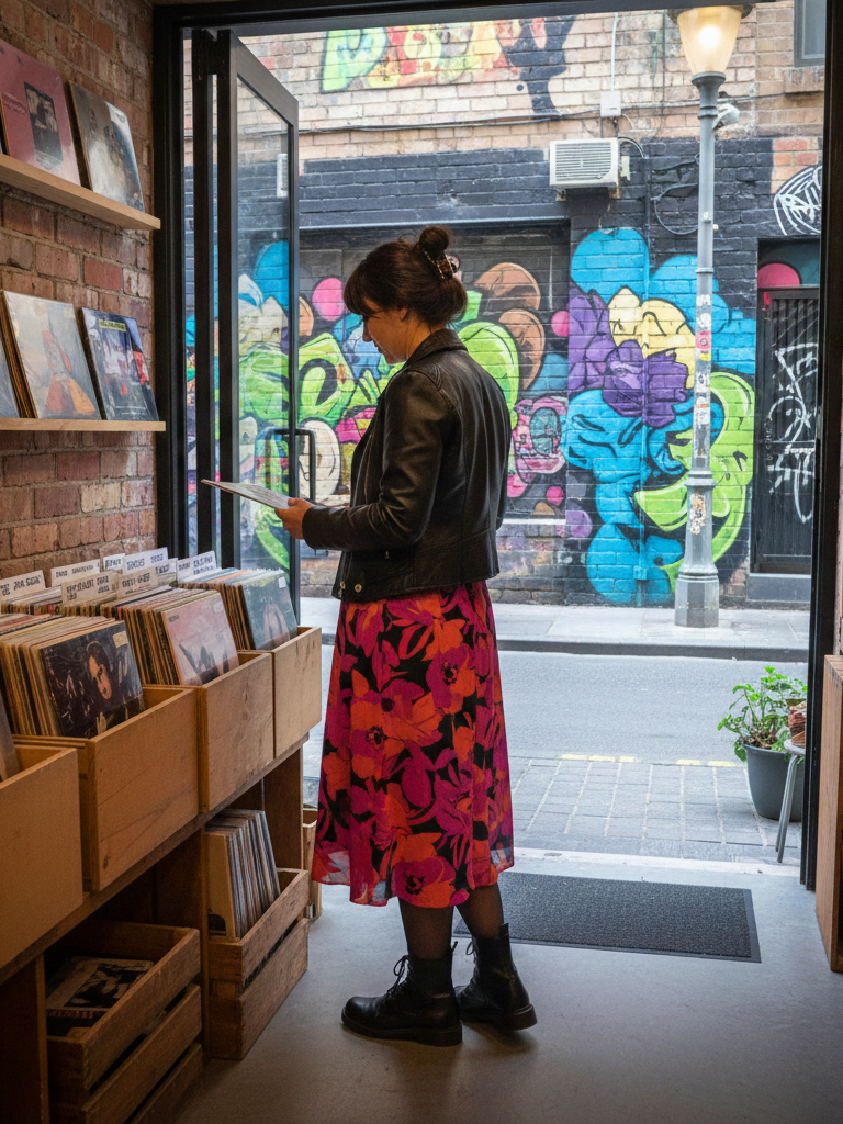Floral dress with leather jacket, bold casual look