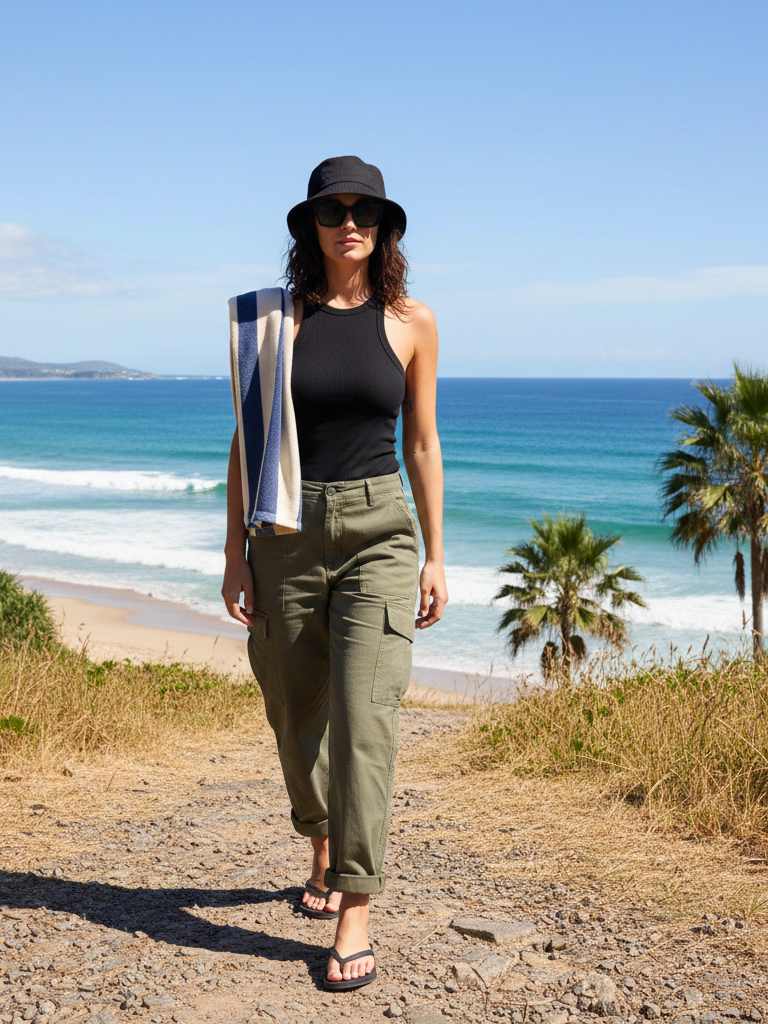 Black tank with olive utility pants, beach casual style