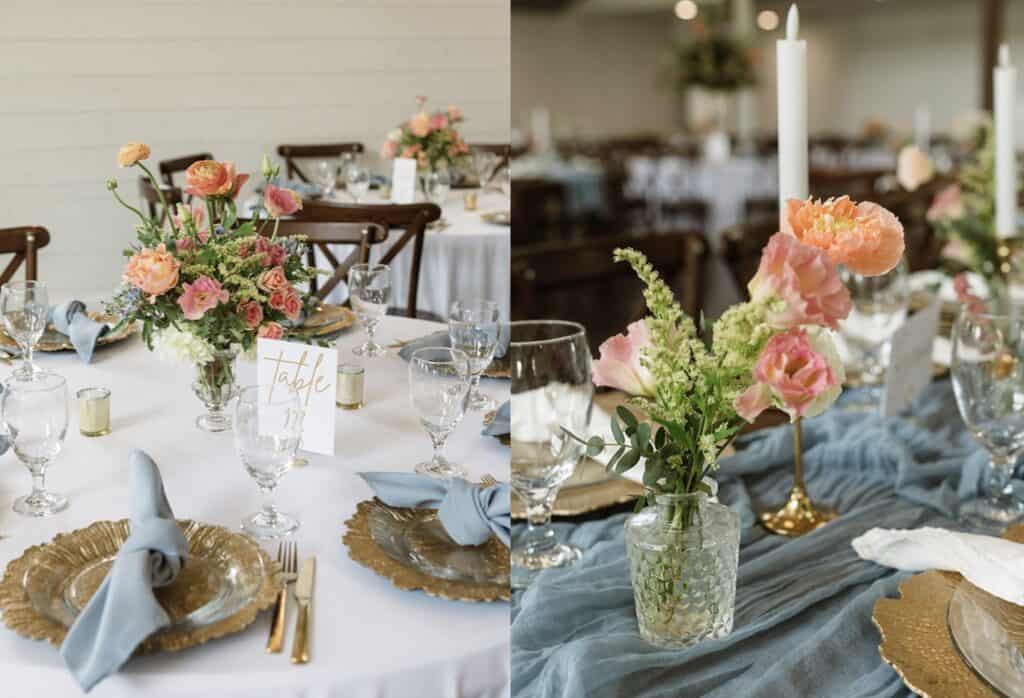 Wedding table with pink and coral floral centerpieces and elegant tableware