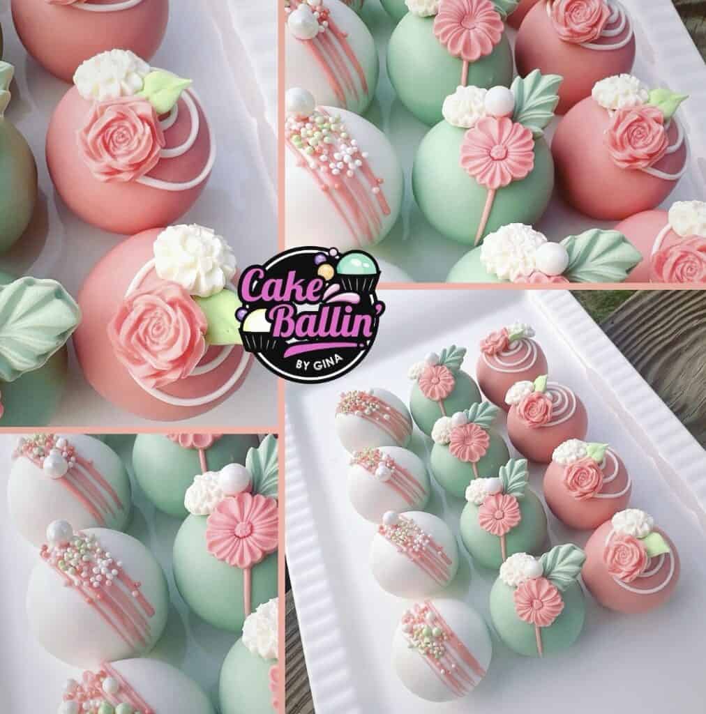 Pastel-colored wedding cake balls with floral decorations