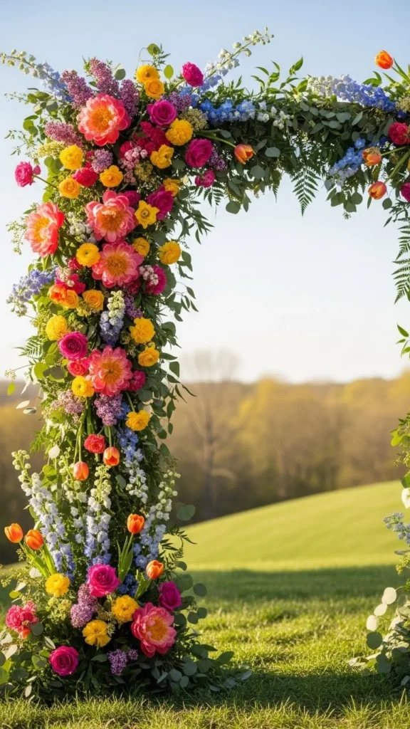 Wedding arch with vibrant colorful flowers in an outdoor setting