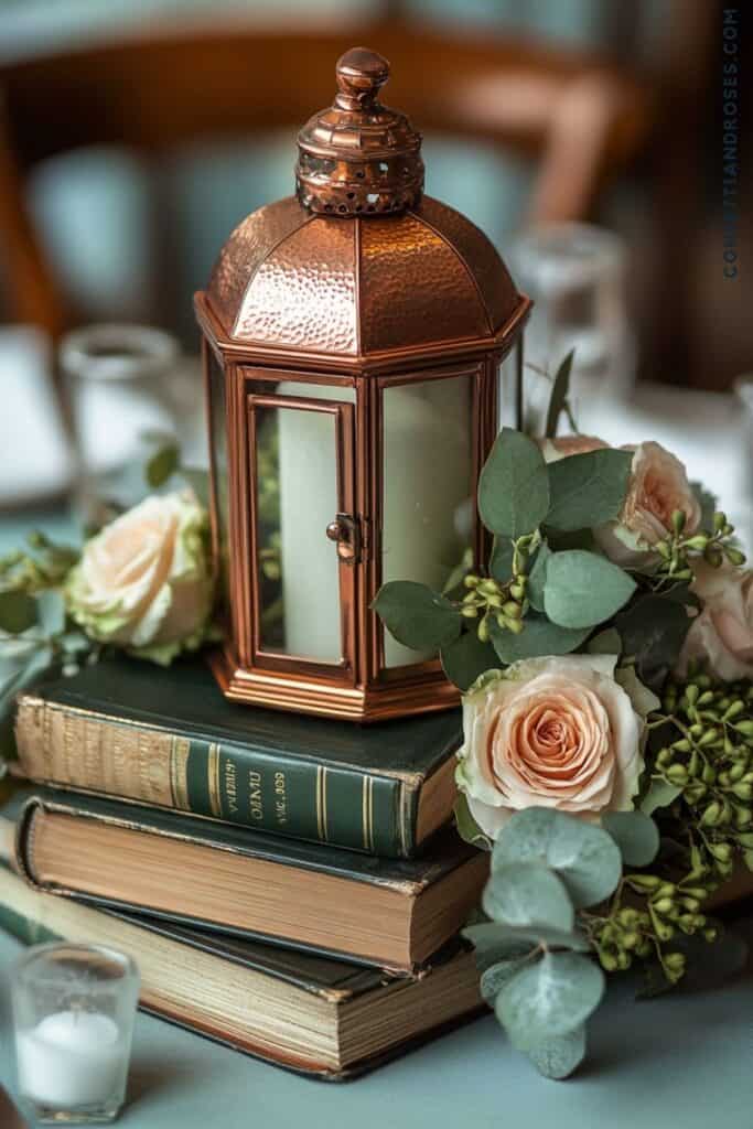 Wedding table with vintage books, copper lantern, and floral arrangement
