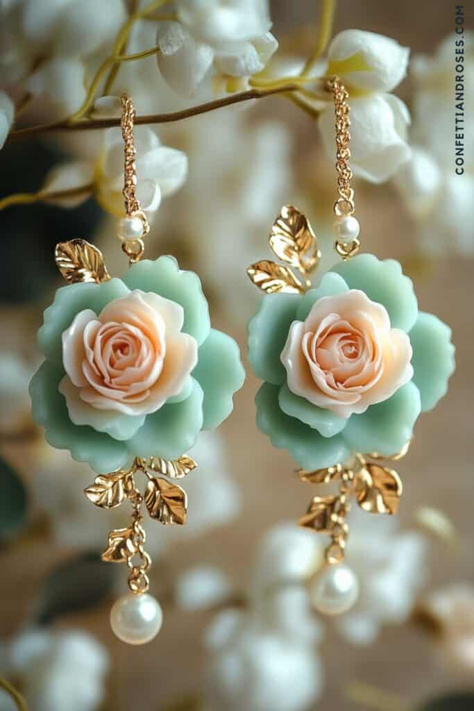Floral earrings with mint green and peach tones, vintage wedding accessory