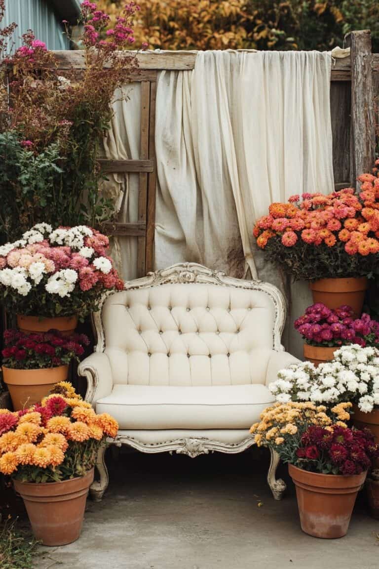 Rustic lounge with vintage sofa surrounded by potted flowers