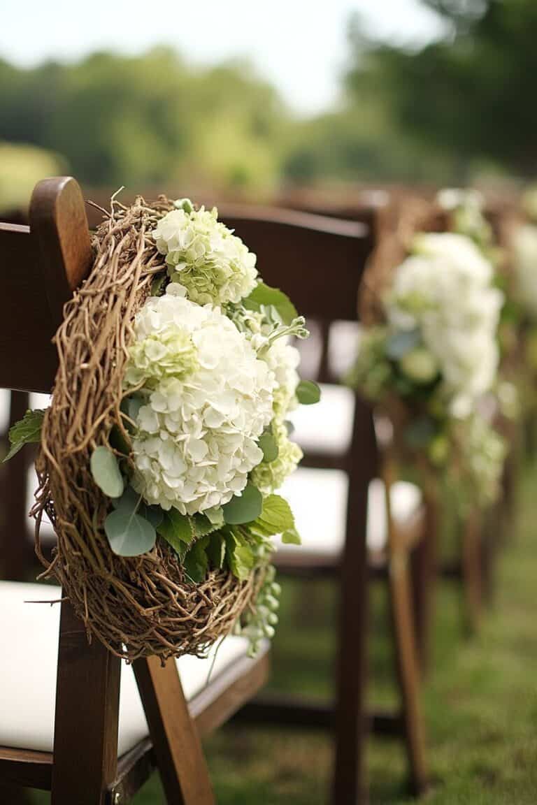 Wedding chairs with natural hydrangea and vine decorations