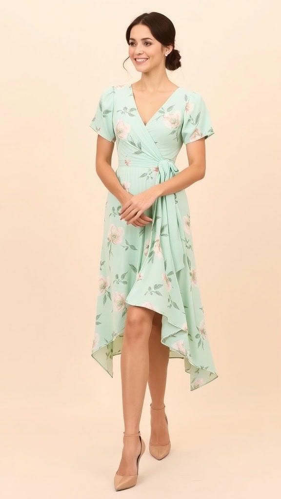 Woman in mint green floral dress, elegant wedding guest fashion