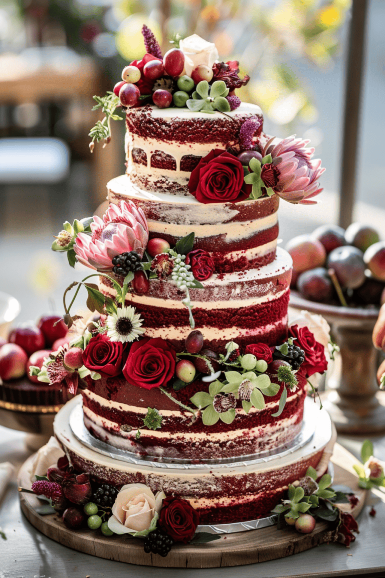 Naked wedding cake with red roses and rustic decorations